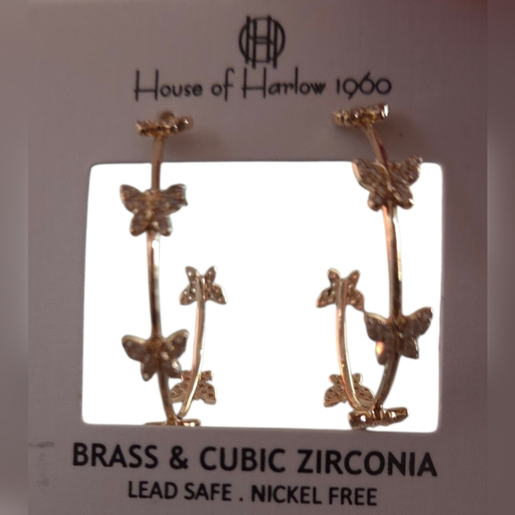 SOLD - NEW Gold 1.24" D. Butterfly Hoop Earrings CZ Pavé Dainty - Picture 7 of 9